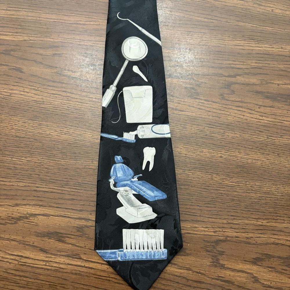 Vintage Dentist Dental Hygienist Novelty Silk Tie A. Rogers Black Blue Tools